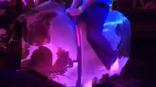 Guy wearing black hat and blue shirt tries to ride mechanical bull and instantly falls off