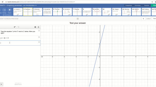 Signing up to Desmos.com and starting the first activity "Graphing Parabolas - An Introduction"