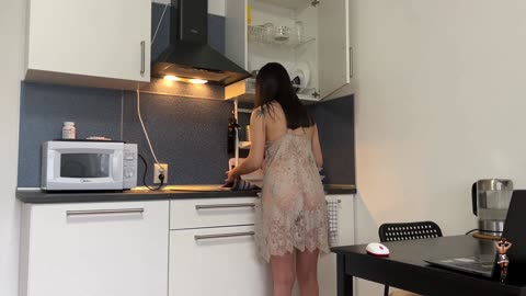 Kira #6: Cleaning Kitchen (in Biege Lingerie) 