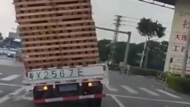 Wait for it... pallet tumble, takes truck with it.