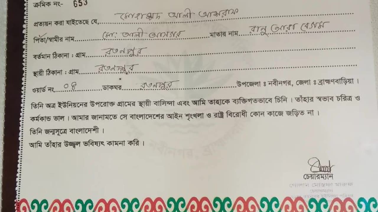 CHARECTER CERTIFICATE ROTONPUR