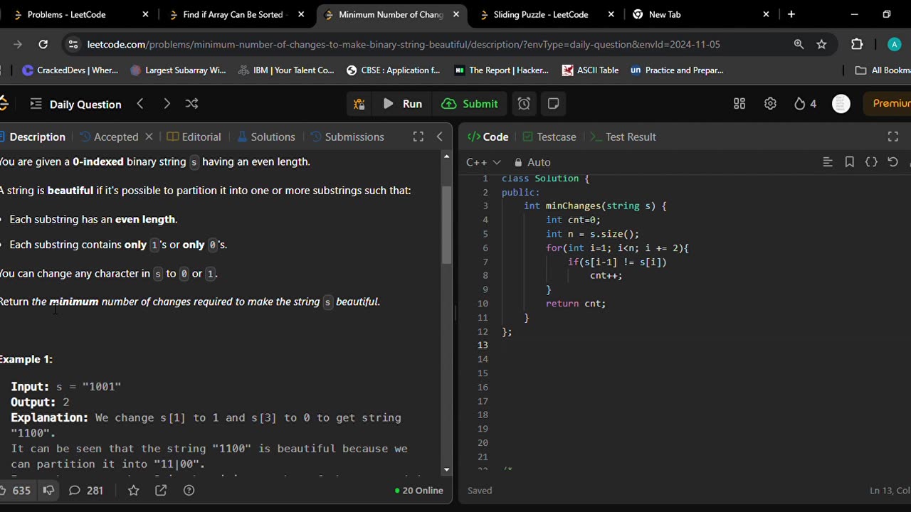 2914. Minimum Number of Changes to Make Binary String Beautiful