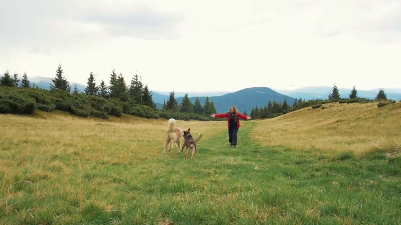 Young female playing and walking dogs in mountains