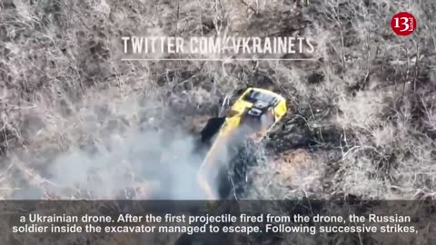 Ukrainian drone targets Russians digging a trench with an excavator