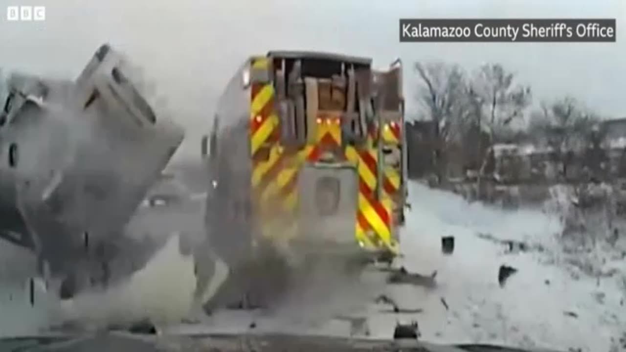 "Miraculous Escape: Lorry Crashes Into Fire Truck on Icy Michigan Highway"