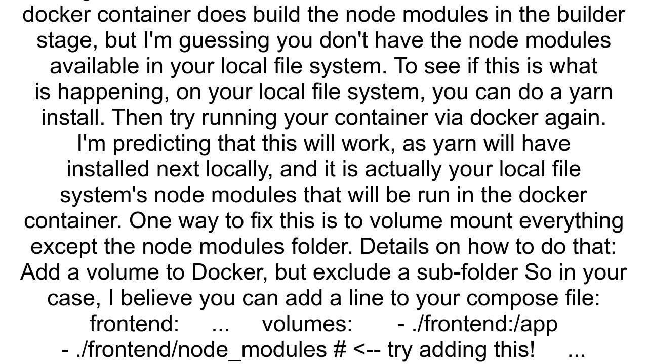 Docker container works from Dockerfile but get next not found from dockercompose container