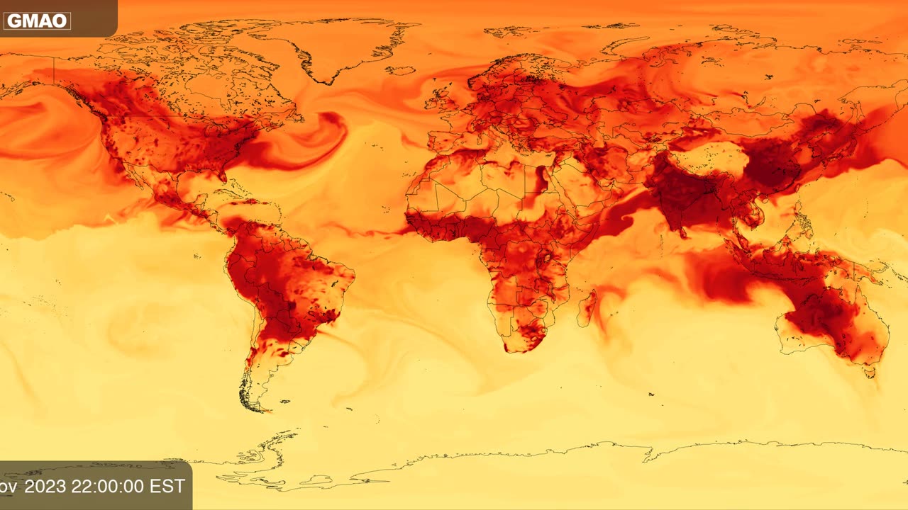 Near surface concentration of carbon monoxide (CO) estimated by NASA’s GEOS-CF model.