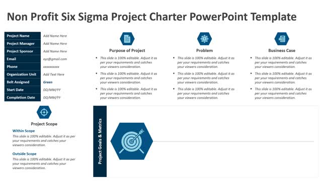 Non Profit Six Sigma Project Charter PowerPoint Template