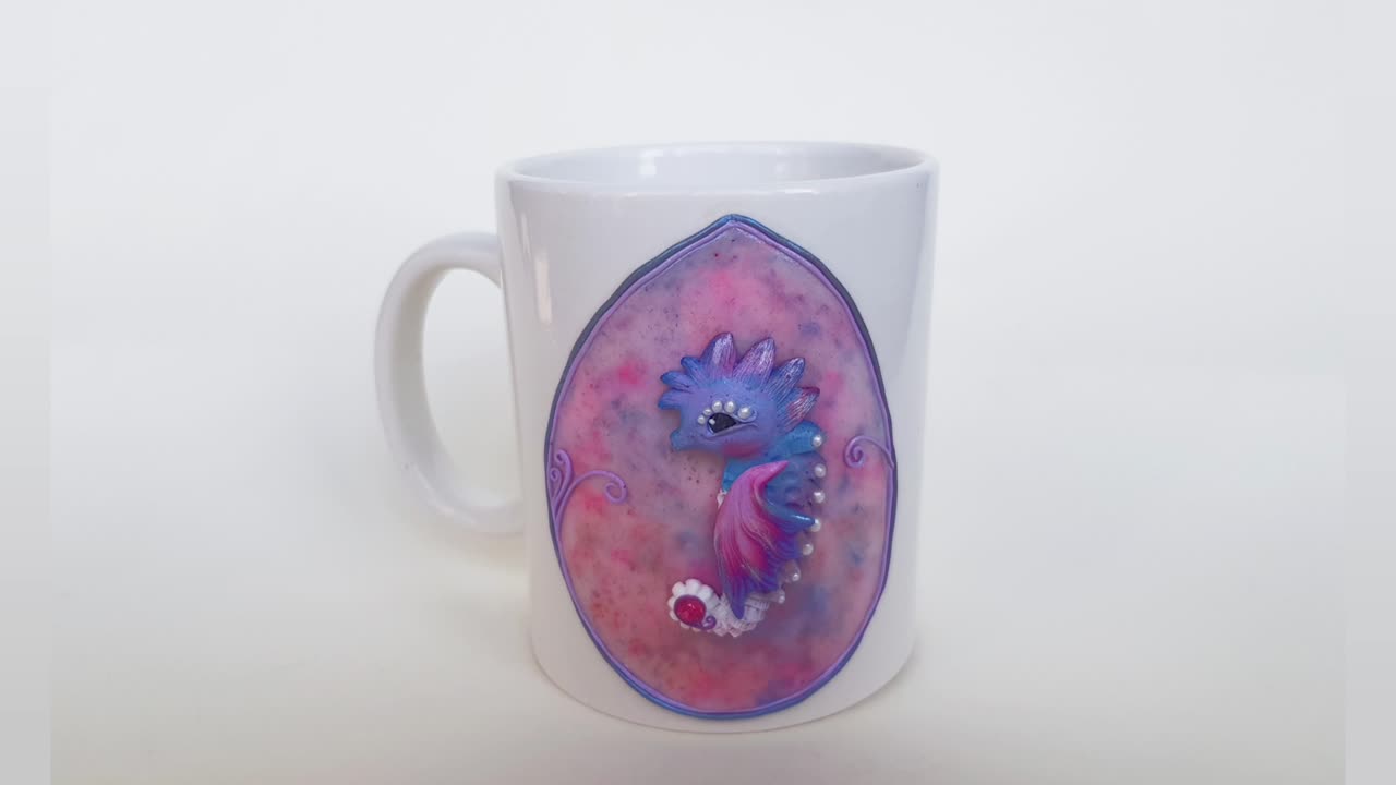 White mug with decor "Seahorse" made of polymer clay. Ceramic cup for a gift AnneAlArt