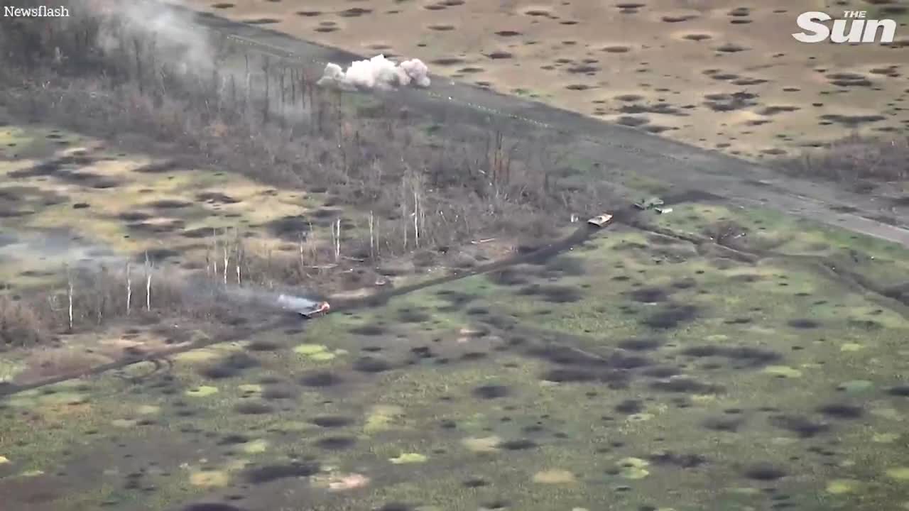 Russian soldiers flee as Ukrainian forces obliterate row of armoured vehicles