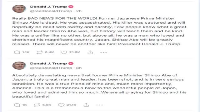 President Trump Responds to Horrific News of Former PM Abe’s Assassination