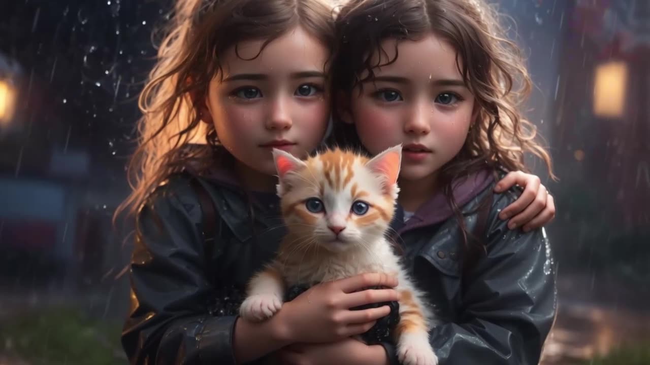 Two sisters and a Kitten in Rain