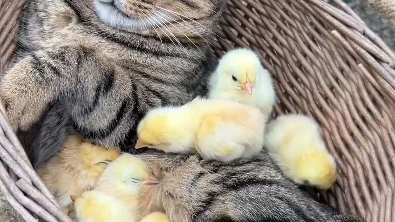 Cat and Chicks 🐣❤️ #cat #chicken #chick #pets