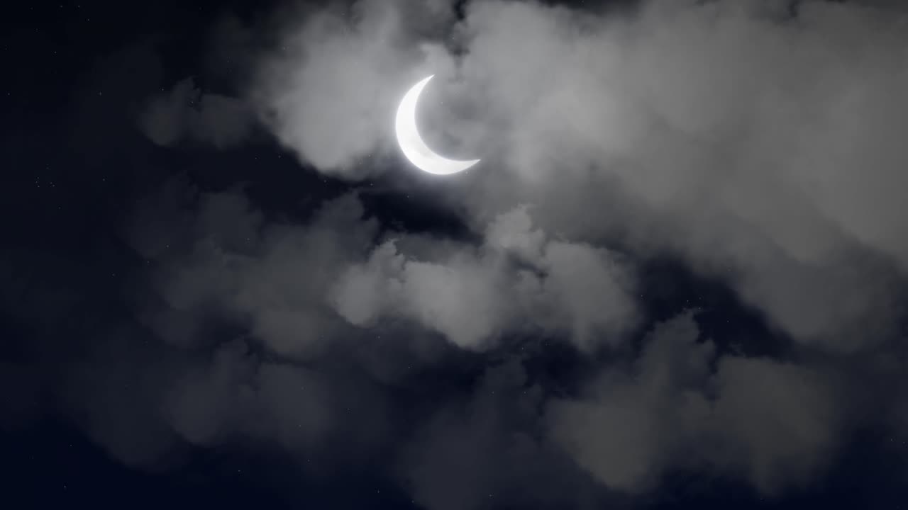 Crescent moon clouds night. 4k