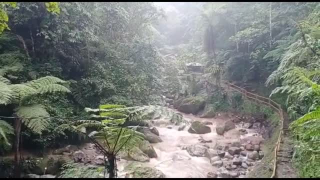 viral video during foggy weather at the waterfall in curug ngumpet