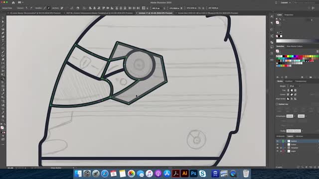 Illustrator drawing how to draw an F1 racing helmet part 4.