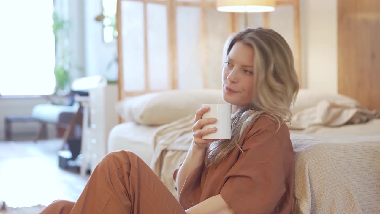 Woman Relax Sitting on Floor Drinking Coffee