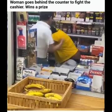 A woman has a word with the convenience store cashier