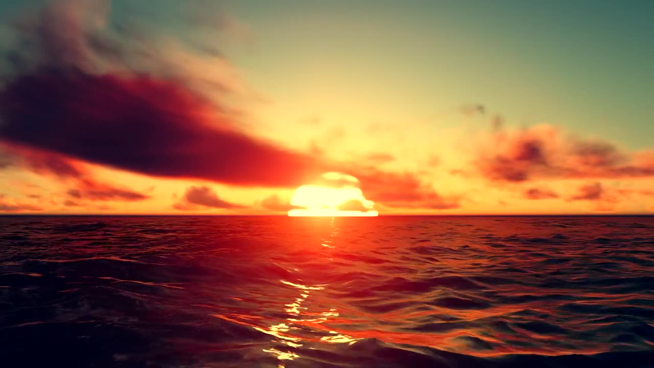 3D simulation of a red sunset at sea