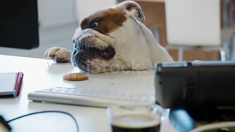 Bulldog trying to reach a cookie on the desk in an office