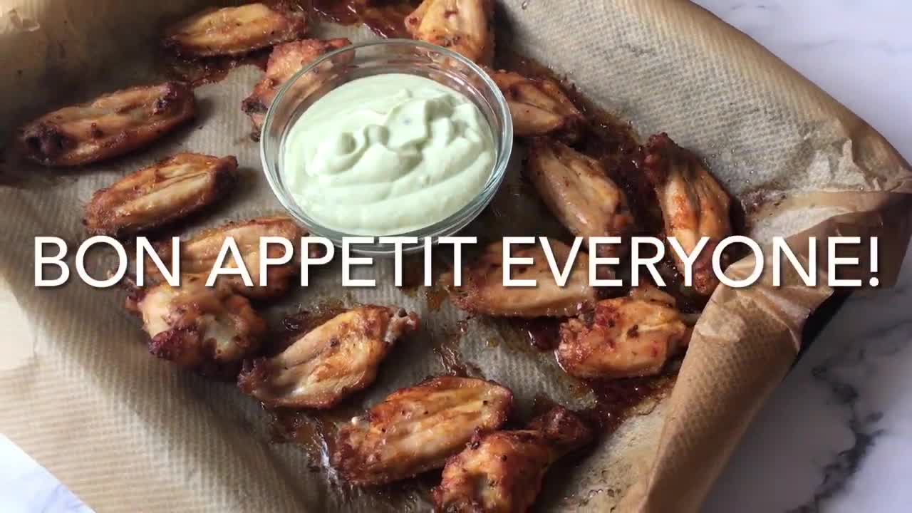 Oven Baked Spicy Chicken Wings with Avocado Sauce // Baked