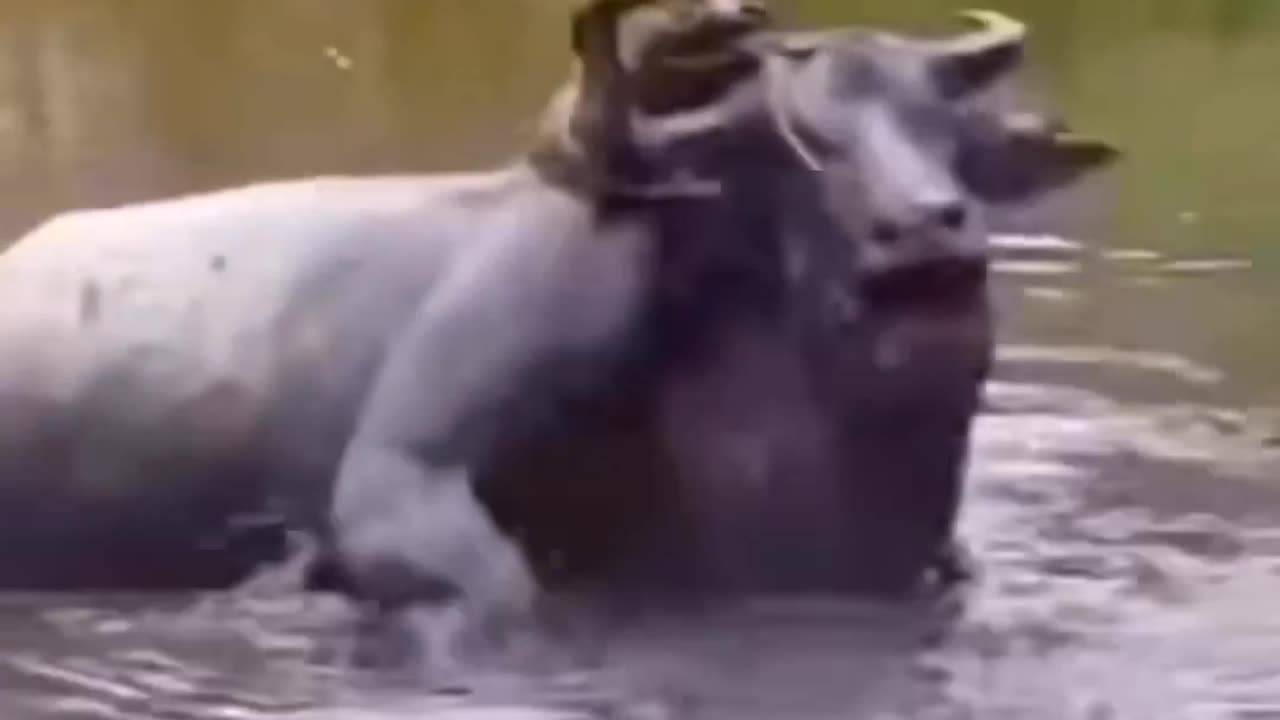 Pitbull lugs a water buffalo