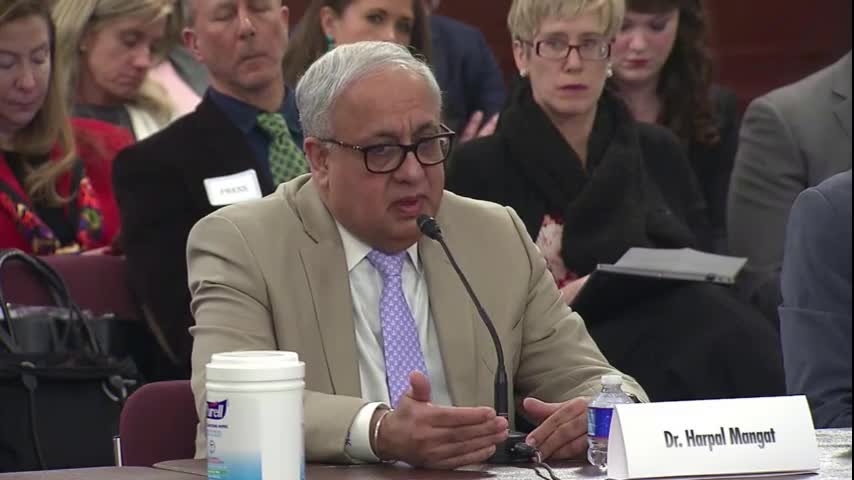 Dr. Harpal Mangat speaks at Senate hearing.