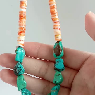 Free-shape Natural turquoise with Orange spiny oyster simple pretty necklace 20230919-04-08