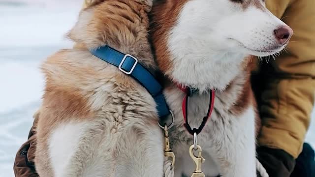 Two beautiful husky in snow with owner