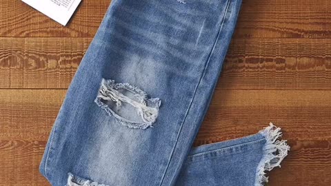 Ripped Hole Frayed Hem Denim Pants - Blue