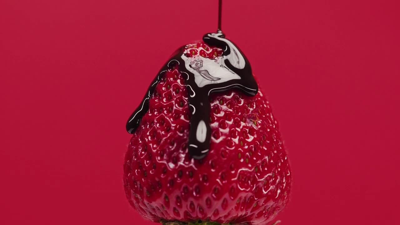 Cover a strawberry with chocolate syrup on a red background