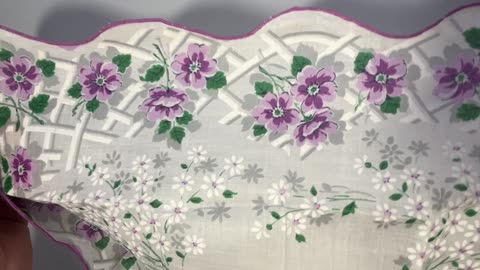 Vintage Purple Flower Lattice Design Linen Handkerchief 16" x 16"