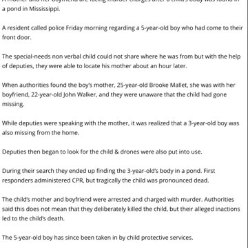 3 Year Old Found Dead In Pond Mother And Boyfriend Charged With Murder - Mississippi