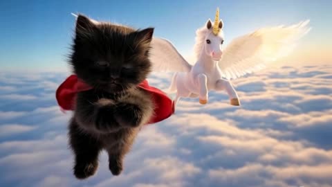 Cute Black Kitten in Cape Soars with White Winged Unicorn! 🐱🦄 Funny Animal Video