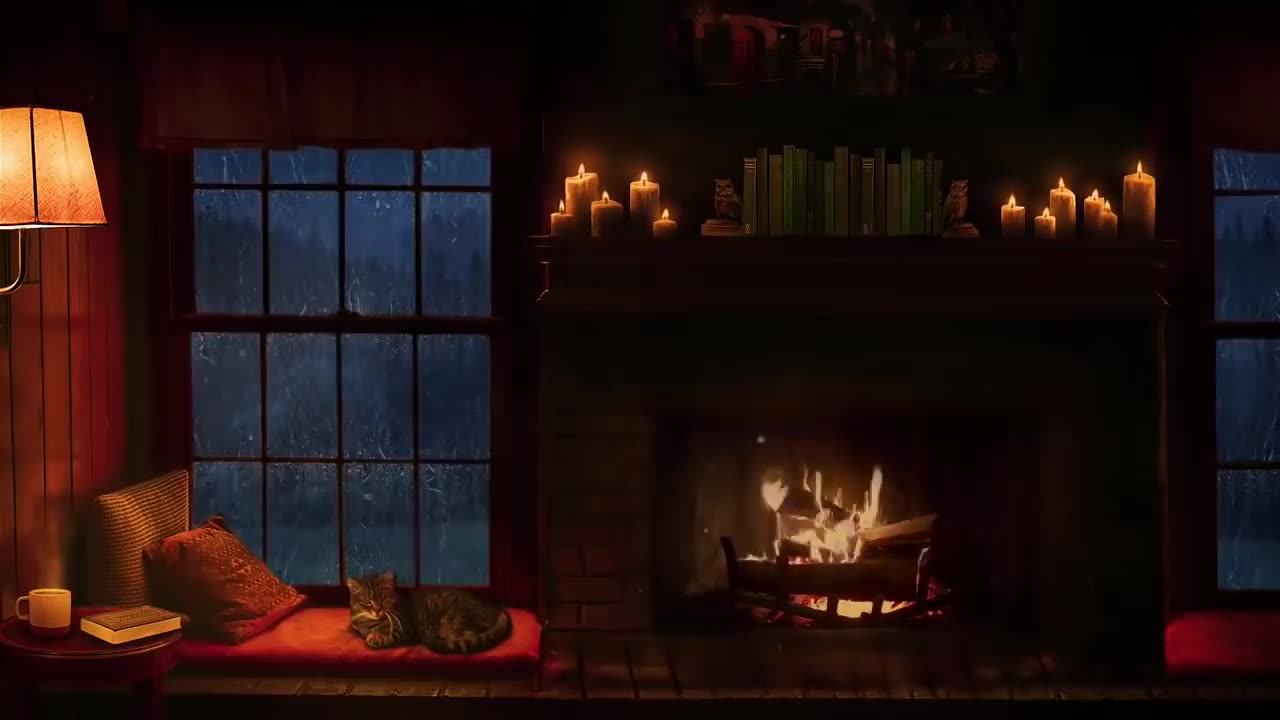 Rain and Fireplace Sounds at Night 8 Hours for Sleeping