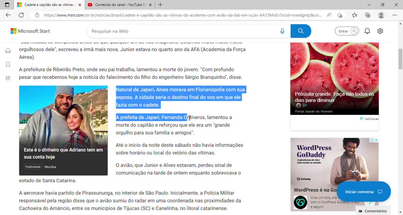 Cadete e capitão são as vítimas do acidente com avião da FAB em SC