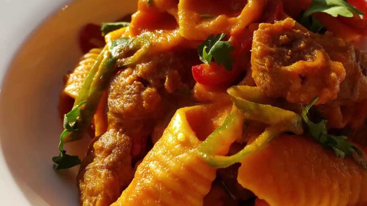 Roasted Red Pepper Garganelle, Merguez Sausage, Preserved Lemon, Harissa