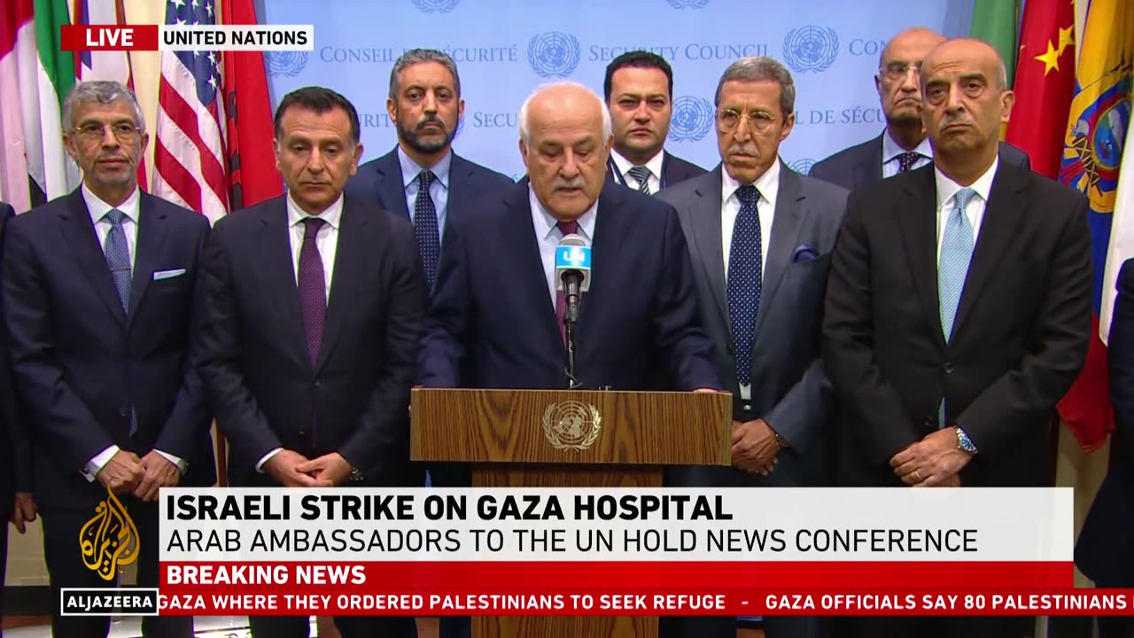 Arab ambassadors speak at the United Nations following Israeli strike on a hospital in Gaza