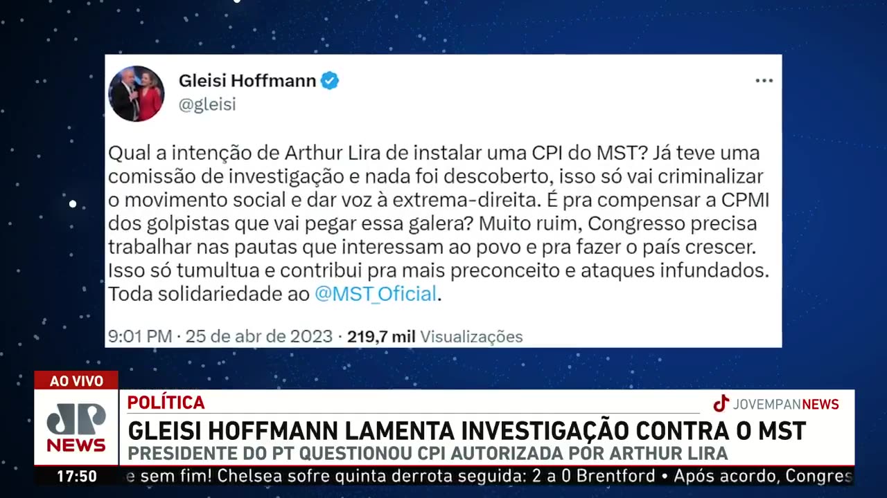 Gleisi Hoffmann lamenta investigação contra o MST