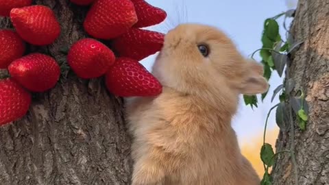 Rabbit eating fruits, looks so cute
