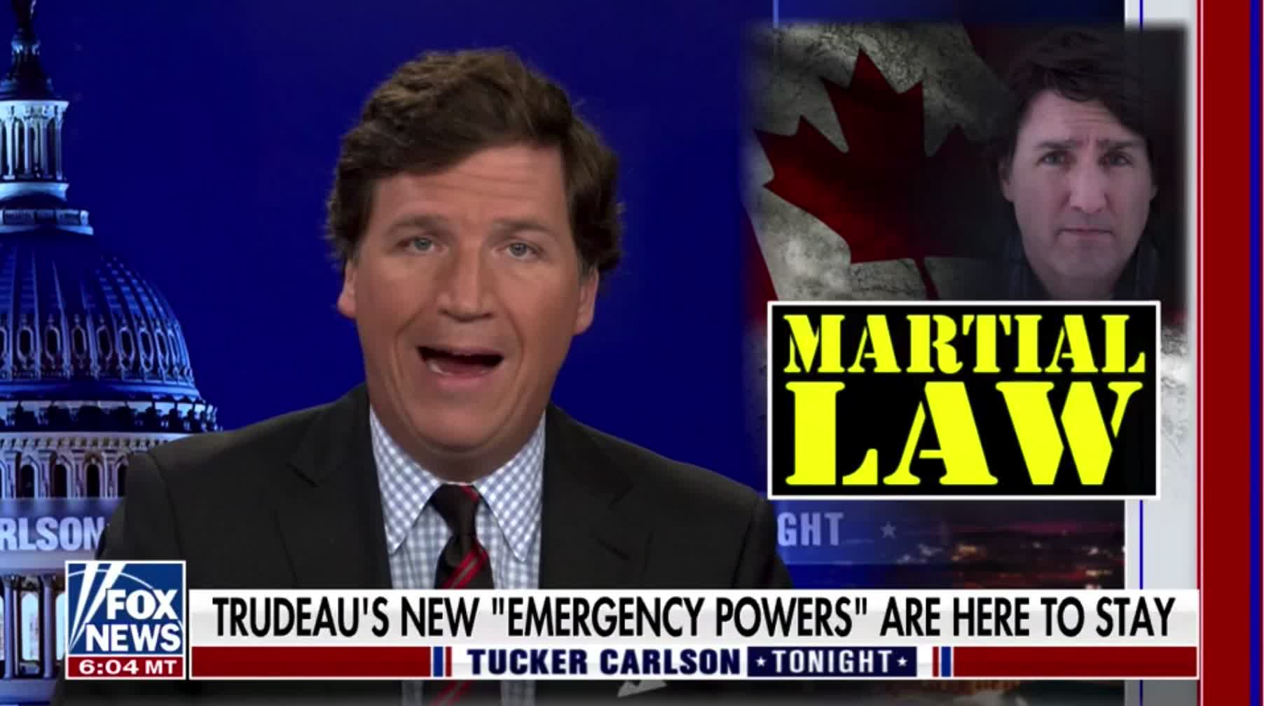 Tucker Carlson slams Trudeau for cracking down on unarmed protestors and then keeping his emergency powers