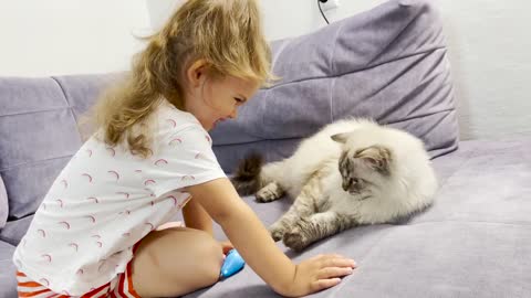 Adorable Baby Girl Trying to Cheer Cute Cats!