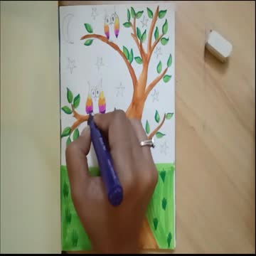 Sunset Night Owl Drawing | Night Scenery Drawing | Owl Bird Sitting On Tree | Draw Owl Scenery