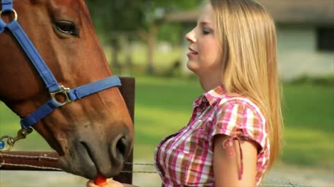 pretty girl feeding her horse carrots