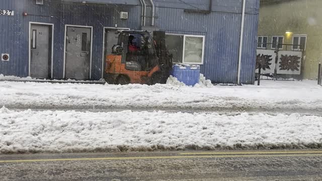 Snow Plow Made From Forklift and Fish Tote