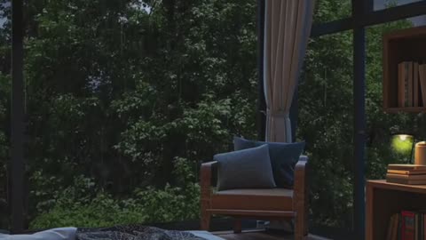 Rainy Storms and Greenery Outside a Wide Glass Window.