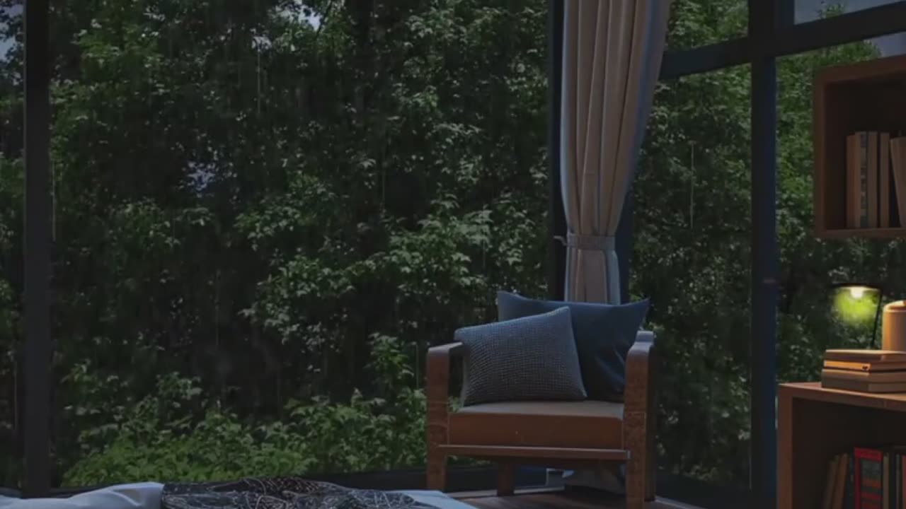 Rainy Storms and Greenery Outside a Wide Glass Window.