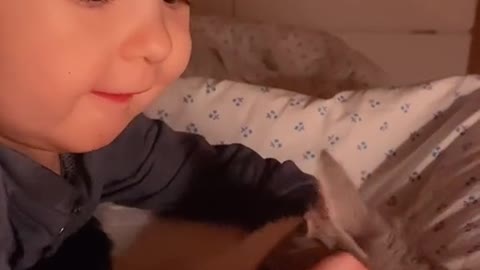 don't miss the cute sight of a little child hugging a cat!