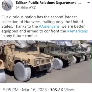 Taliban thanking Biden for gifting them with the2nd largest collection of Humvees.