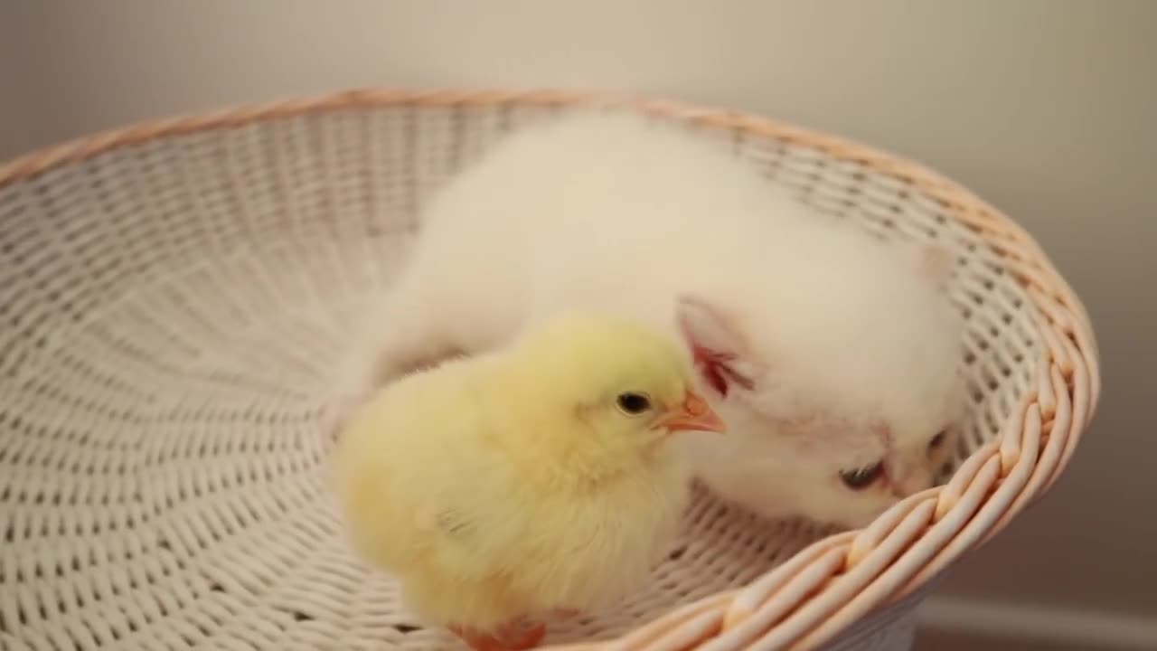 Kitten waik with a tiny chicken